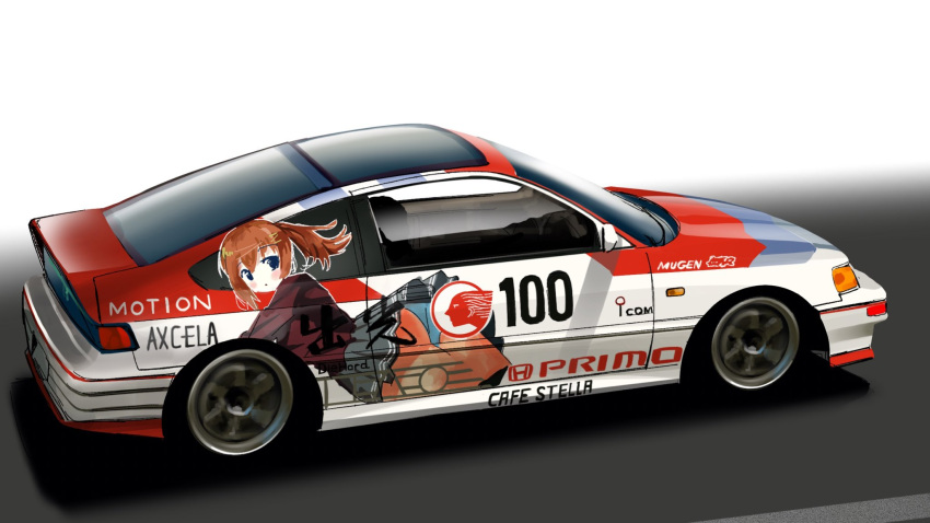 cafe_stella_to_shinigami_no_chou from_side highres hikageno honda honda_integra idemitsu_(gas_station) itasha logo motion_blur no_humans shadow sumizome_nozomi vehicle_focus