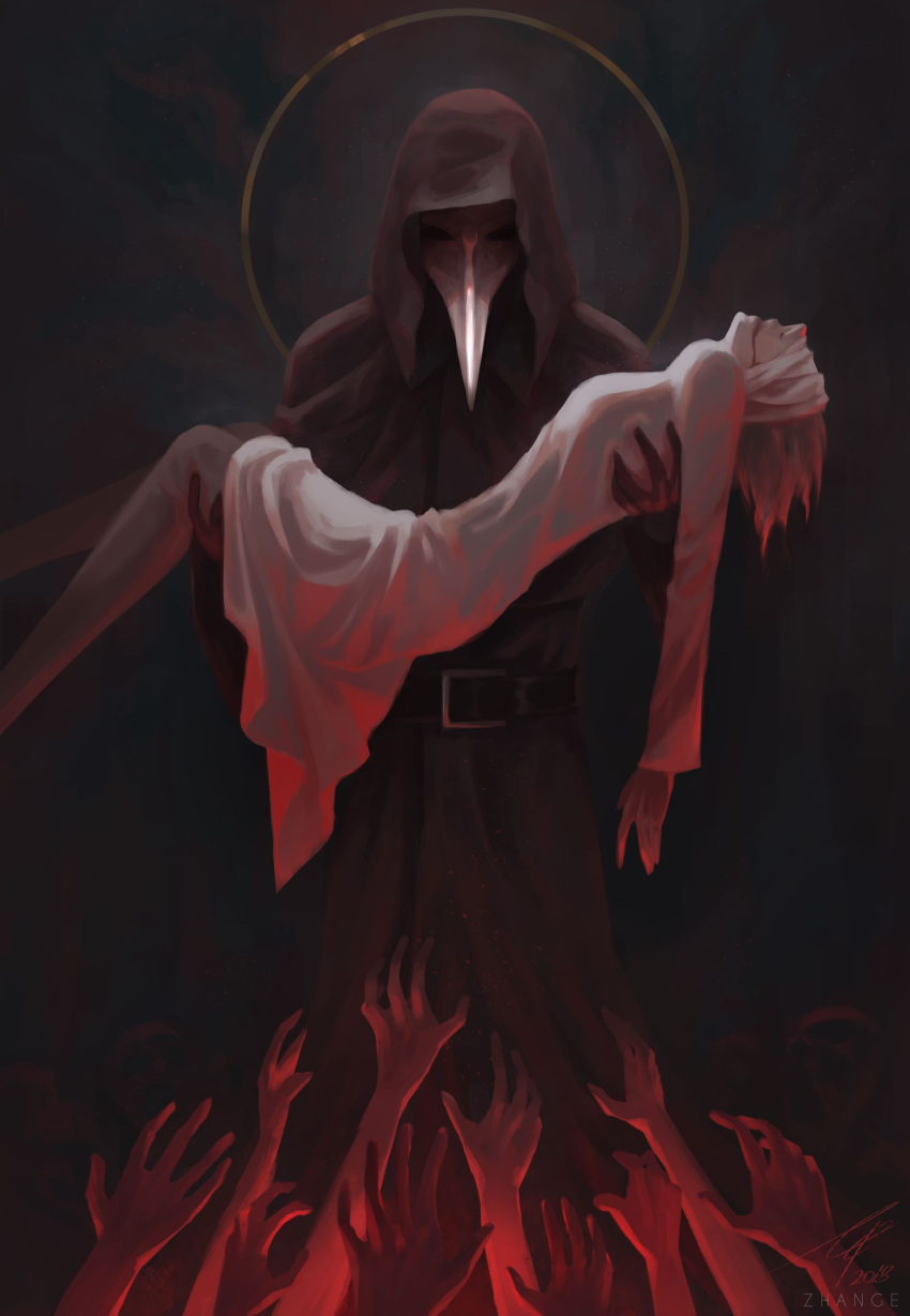 2018 5_fingers absurd_res ambiguous_gender animal_humanoid anthro artist_name aureola avian avian_humanoid beak belt belt_buckle black_background blindfold blood blood_from_mouth blood_in_mouth bodily_fluids bridal_carry carrying carrying_corpse cloak clothing colored corpse dated death detailed detailed_background digital_media_(artwork) digital_painting_(artwork) female fingers front_view gloves group halo handwear hi_res hood hood_up human humanoid male mammal reaching scp-049 scp_foundation signature simple_background standing watermark zhange