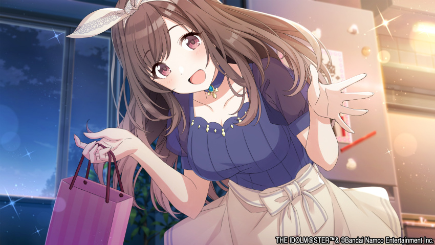 1girl :d absurdres bag blue_choker blue_shirt blurry blurry_background blush bokeh bow bow_hairband breasts brown_hair choker cloud collarbone commentary_request cowboy_shot depth_of_field game_cg hair_bow hairband highres holding holding_bag idolmaster idolmaster_shiny_colors indoors large_breasts leaning_forward light_particles long_hair looking_at_viewer night official_art open_mouth outstretched_hand pink_eyes plant potted_plant puffy_short_sleeves puffy_sleeves refrigerator see-through see-through_sleeves shirt short_sleeves sidelocks skirt smile solo sparkle tsukioka_kogane waist_bow window yellow_skirt