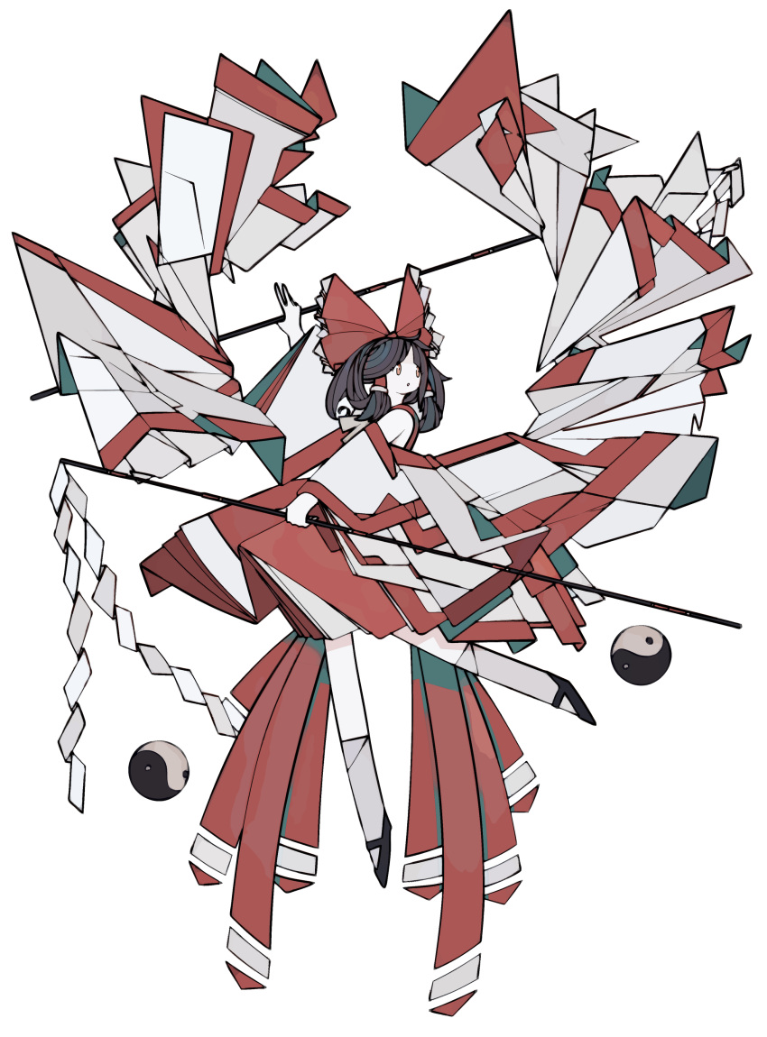 1girl abstract absurdres adapted_costume ascot bare_shoulders black_footwear black_hair bow brown_eyes detached_sleeves flat_color frilled_bow frills from_side full_body gohei hair_bow hair_tubes hakurei_reimu harano_kaguyama highres holding holding_stick japanese_clothes leg_up long_sleeves looking_to_the_side mary_janes medium_hair no_nose nontraditional_miko open_mouth orb parted_lips red_bow red_ribbon red_shirt red_skirt ribbon ribbon_trim shirt shoes sidelocks simple_background skirt sleeveless sleeveless_shirt socks solo stick touhou white_background white_sleeves white_socks wide_sleeves yin_yang yin_yang_orb