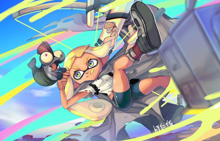 1girl :q bike_shorts black_footwear black_shorts blonde_hair bow_(weapon) braid domino_mask green_eyes highres inkling inkling_girl jumping kneepits legs legs_up long_hair mask minamidena pointy_ears shirt shoes short_sleeves shorts smile splatoon_(series) splatoon_3 suction_cups tentacle_hair thighs tongue tongue_out tri-stringer_(splatoon) weapon white_shirt