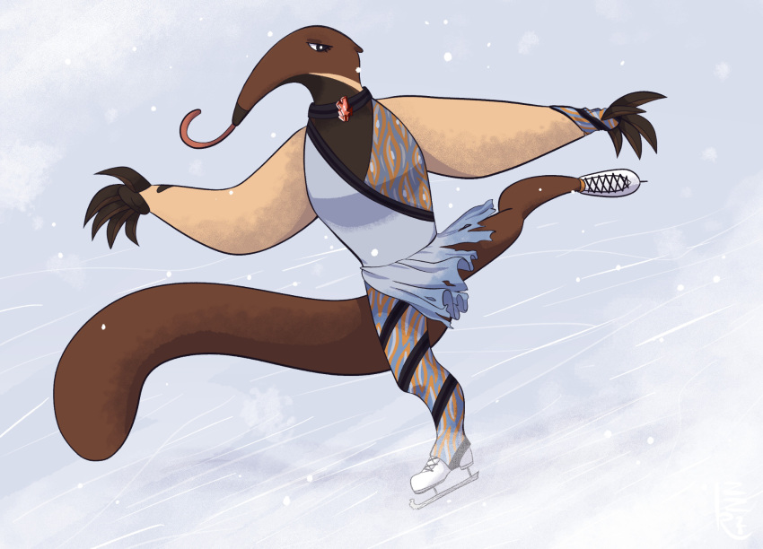ambiguous_gender anteater anteaterina anthro choker clawed_fingers clothed clothing fluffy fluffy_tail fully_clothed hi_res ice_skates jewelry mammal necklace pilosan princess_tutu snout solo tail tongue tongue_out xenarthran zerozeroren