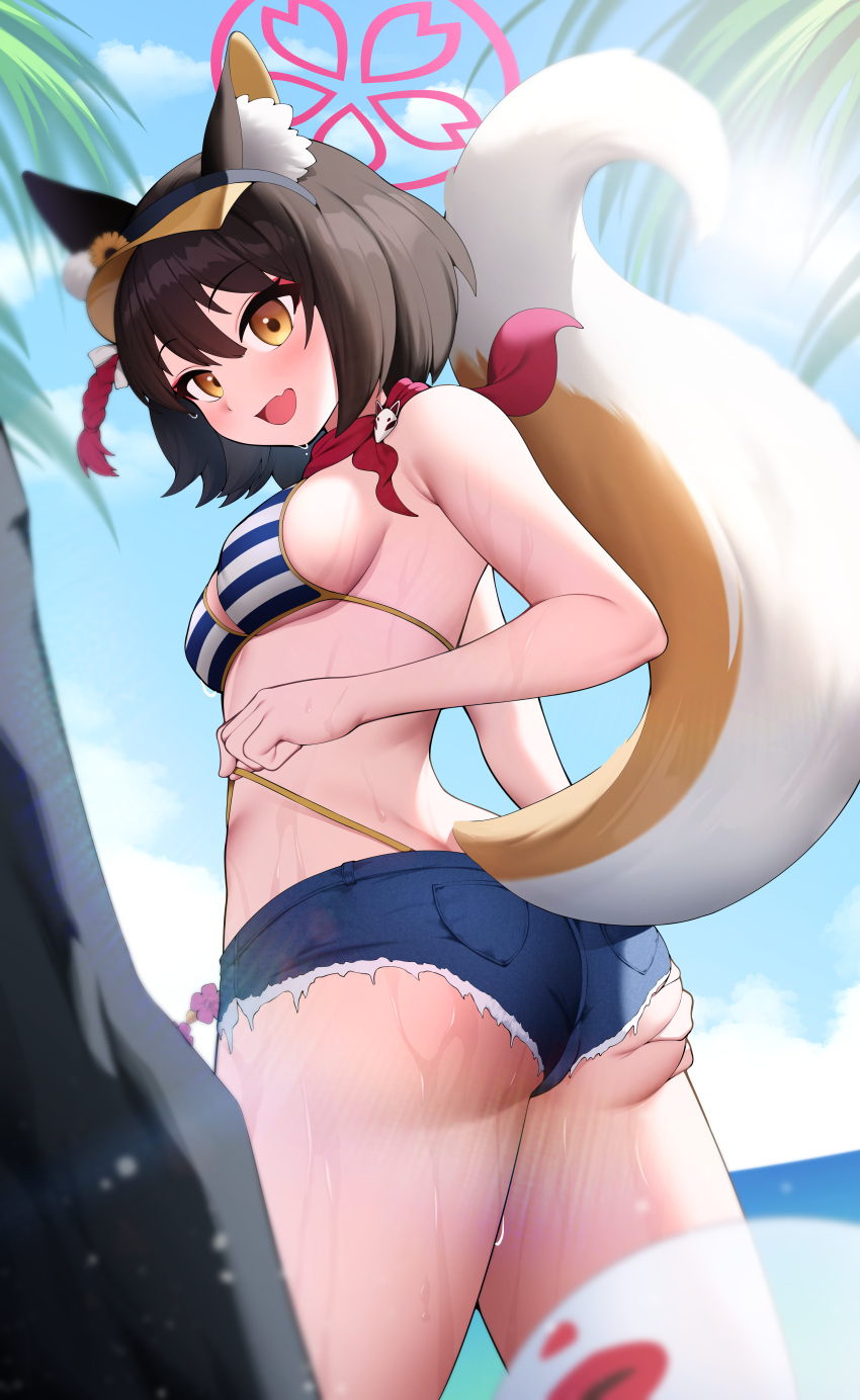 1girl absurdres animal_ears ass bikini black_hair blue_archive blue_shorts bluerabbit_gap blush breasts day eyeshadow fox_ears fox_tail halo highres izuna_(blue_archive) izuna_(swimsuit)_(blue_archive) looking_at_viewer makeup ocean official_alternate_costume open_mouth outdoors pink_halo red_eyeshadow revision short_hair short_shorts shorts small_breasts smile solo striped striped_bikini swimsuit tail twisted_torso wet yellow_eyes