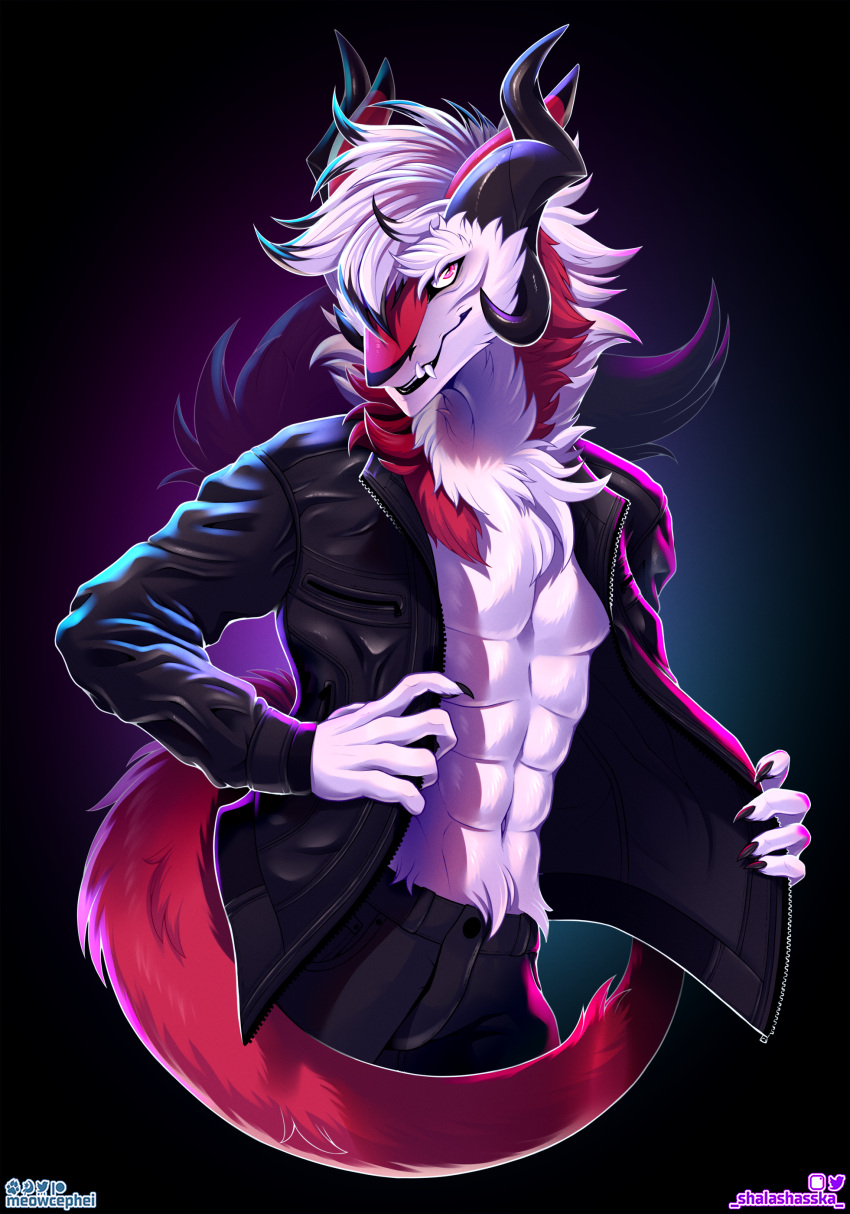 absurd_res anthro axzander clothing hi_res leather leather_clothing male meowcephei sergal solo