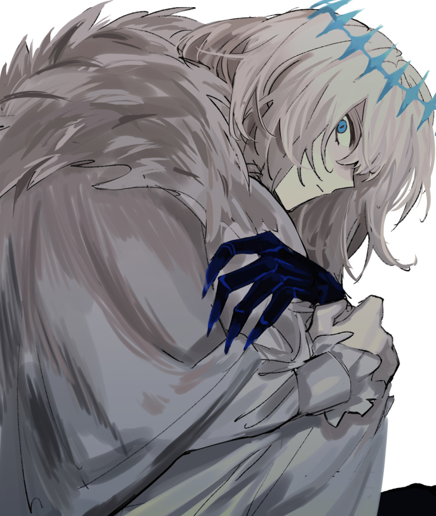 blue_eyes claws cloak commentary_request crown empty_eyes enpera fate/grand_order fate_(series) frilled_sleeves frills from_side fur-trimmed_cloak fur_trim head_down highres holding_own_arm hugging_own_legs long_sleeves looking_at_viewer looking_to_the_side medium_hair oberon_(fate) pale_skin profile robe shirt simple_background slit_pupils staring syakegaumai white_background white_cloak white_hair white_robe white_shirt wide-eyed