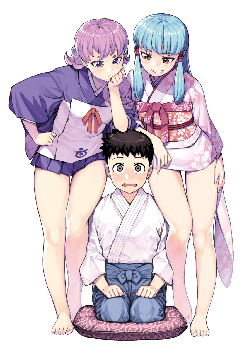 1boy 2girls absurdres arm_rest barefoot blue_hair blue_nails blush brown_hair feet floral_print hair_tubes hakama hamada_yoshikazu hand_on_own_hip hand_on_own_thigh highres japanese_clothes kagami_kazuya kimono kiriha_(tsugumomo) kyouka_(tsugumomo) leaning_on_person leaning_to_the_side legs long_hair looking_at_another looking_at_viewer medium_hair multiple_girls nail_polish obi obijime official_art pink_kimono pleated_kimono pointy_ears purple_hair purple_kimono purple_nails sash seiza shiny_skin short_eyebrows short_hair short_kimono sidelocks simple_background sitting smile smirk standing thick_eyebrows thighs toenail_polish toenails toes tsugumomo white_background wide_sleeves