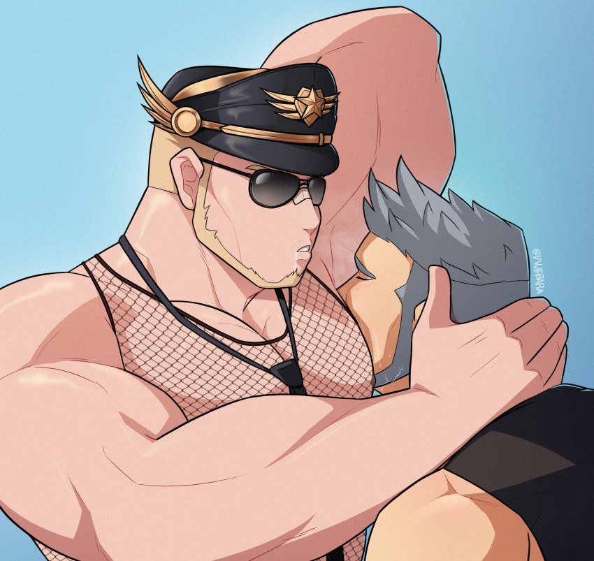2boys absurdres artist_name bandaid bandaid_on_face bandaid_on_nose bara beard blonde_hair close-up closed_eyes face_in_armpit facial_hair fishnet_top fishnets grey_hair gyee hand_on_another's_head hat highres large_pectorals male_focus manly master_(gyee) mature_male multiple_boys muscular muscular_male nipples pectorals saliva saliva_drip santos_(gyee) signature steam sunglasses thick_arms thick_eyebrows upper_body vvulfbara