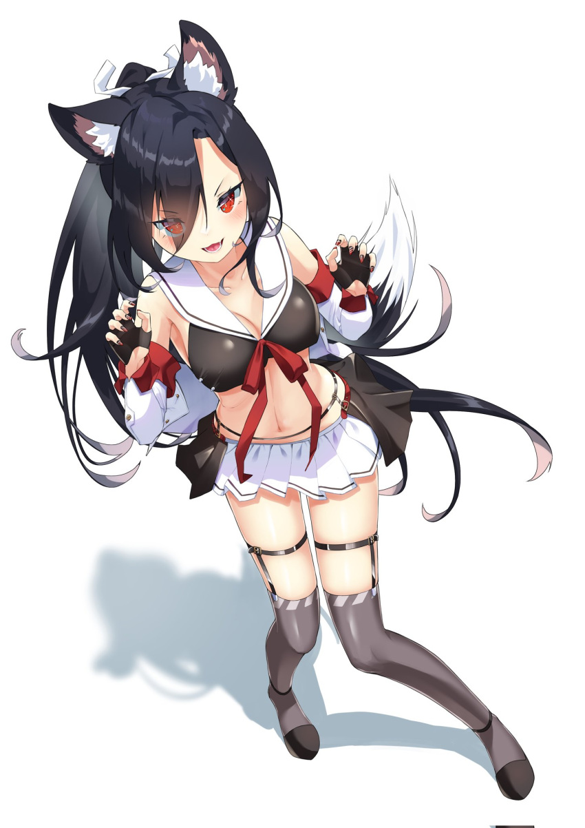 1girl animal_ear_fluff animal_ears azur_lane black_gloves black_hair black_thighhighs crop_top detached_sleeves eyes_visible_through_hair fingerless_gloves full_body gloves hair_over_one_eye highres long_hair looking_at_viewer marimo_daifuku miniskirt nail_polish official_alternate_costume overskirt pleated_skirt ponytail red_eyes red_ribbon retrofit_(azur_lane) ribbon sailor_collar school_uniform serafuku shadow shigure_(azur_lane) simple_background skirt solo standing tail thighhighs white_background white_sailor_collar white_skirt wolf_ears wolf_girl wolf_tail