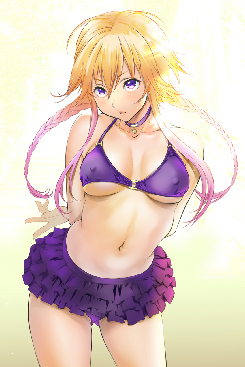 1girl arms_behind_back bare_shoulders bikini bikini_skirt blonde_hair blush braid breasts choker collarbone commentary_request covered_nipples gradient_hair hair_between_eyes highres idolmaster idolmaster_cinderella_girls idolmaster_cinderella_girls_starlight_stage long_hair looking_at_viewer medium_breasts midriff multicolored_hair navel ninomiya_asuka purple_bikini purple_choker purple_eyes purple_hair shigaoka sidelocks solo swimsuit twin_braids twintails