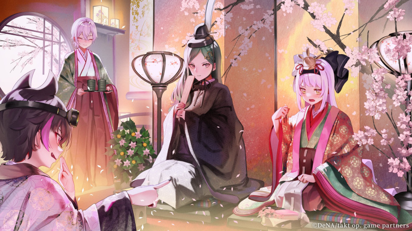 4girls black_hair black_horns dark_green_hair demon_horns der_freischutz_(takt_op.) die_fledermaus_(takt_op.) erlking_(takt_op.) highres hina_ningyou hinamatsuri hirabitai horns japanese_clothes karaginu_mo kimono layered_clothes layered_kimono long_hair long_sleeves looking_at_viewer makeup multiple_girls official_art pink_hair pomp_and_circumstance_(takt_op.) red_eyes saishi saraki short_hair smile takt_op._destiny yellow_eyes