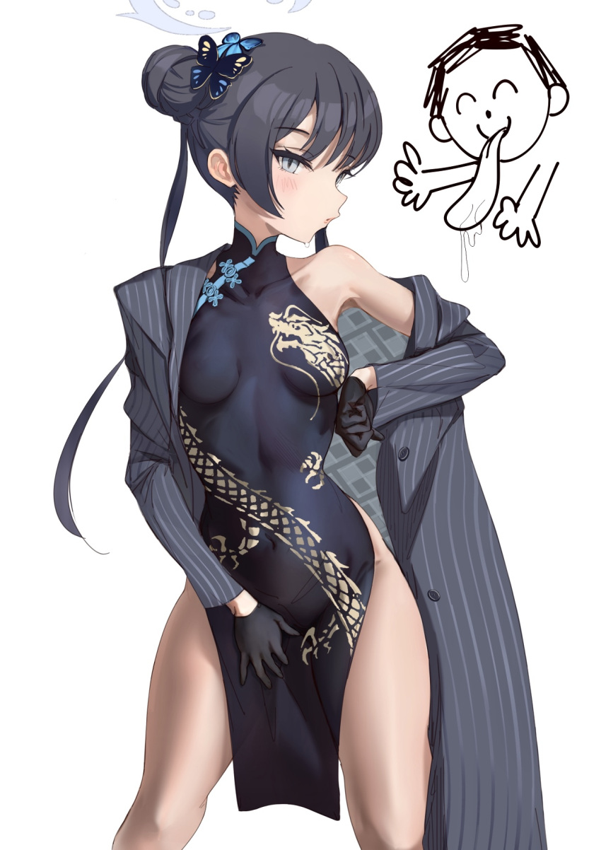 1girl arona's_sensei_doodle_(blue_archive) bare_shoulders black_dress black_gloves black_hair blue_archive blue_eyes blush breasts china_dress chinese_clothes coat covered_navel dragon_print dress drooling gloves hair_bun hair_ornament hamidasu highres jacket jojo_no_kimyou_na_bouken jojo_pose kisaki_(blue_archive) long_hair looking_at_viewer md5_mismatch off_shoulder revision sensei_(blue_archive) simple_background single_hair_bun solo tongue tongue_out twintails white_background