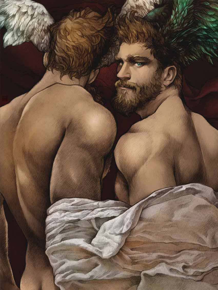 2boys artist_salem bara bare_back blue_eyes brown_hair butt_crack cowboy_shot facing_away from_behind greek_mythology head_wings hermes_(mythology) highres looking_at_viewer looking_back male_focus mature_male multiple_boys muscular muscular_male nipples pectorals realistic short_hair sideburns sidepec stomach thick_beard thick_mustache wings