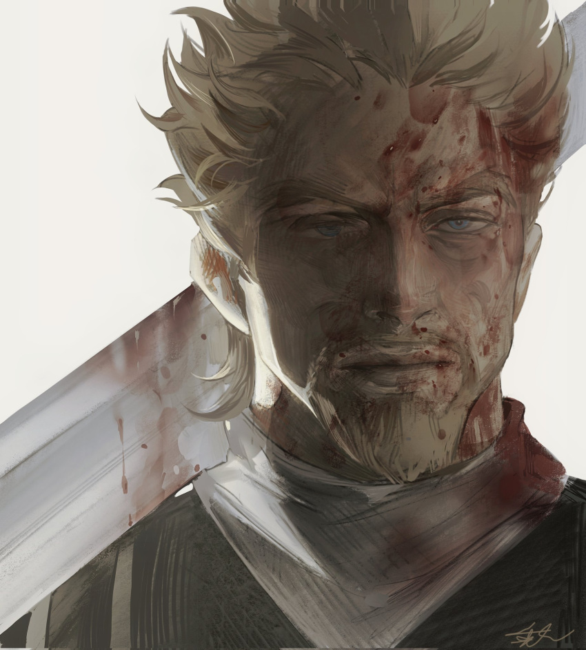 1boy askeladd backlighting beard black_shirt blonde_hair blood blood_in_hair blood_on_clothes blood_on_face blood_on_weapon blue_eyes closed_mouth facial_hair highres looking_at_viewer male_focus over_shoulder portrait scarf shirt short_hair signature simple_background solo sword viking vinland_saga weapon weapon_over_shoulder white_background white_scarf xiaoqisevenner