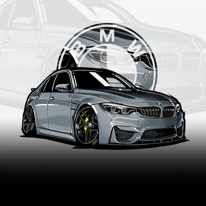 bmw bmw_m3 car chibi chris_ilst commission grey_car highres logo motor_vehicle no_humans original vehicle_focus zoom_layer