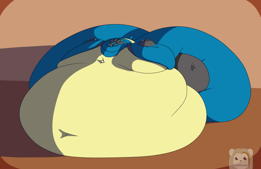 belly big_belly big_butt blue_body butt chubby_cheeks eyeoflucario generation_4_pokemon hi_res huge_butt hyper hyper_belly hyper_butt immobile lucario male morbidly_obese morbidly_obese_male nintendo obese obese_male overweight overweight_male pokemon pokemon_(species) solo tan_body