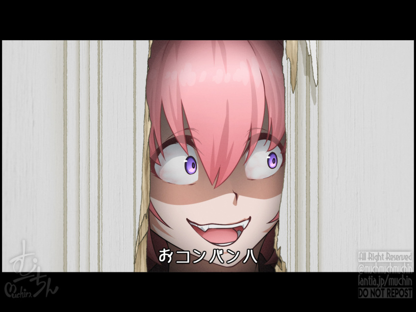 1girl :d artist_name bloodshot_eyes broken_door commentary door fangs glowing glowing_eyes hole letterboxed looking_at_another looking_to_the_side muuchin_(muchmuchmuchin) pink_hair purple_eyes sanpaku scene_reference shaded_face signature smile solo teeth the_shining twitter_username watermark