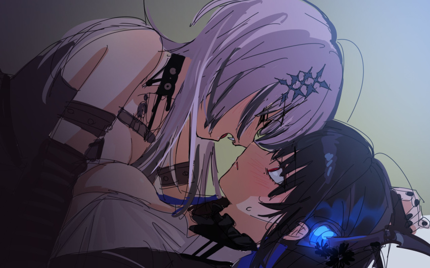 2girls black_hair black_nails blue_hair blush breasts closed_eyes colored_inner_hair commentary grey_hair highres hololive hololive_english horns large_breasts looking_at_another mole mole_under_eye multicolored_hair multiple_girls nerissa_ravencroft open_mouth parted_lips red_eyes shiori_novella symbol-only_commentary virtual_youtuber yomosaka yuri