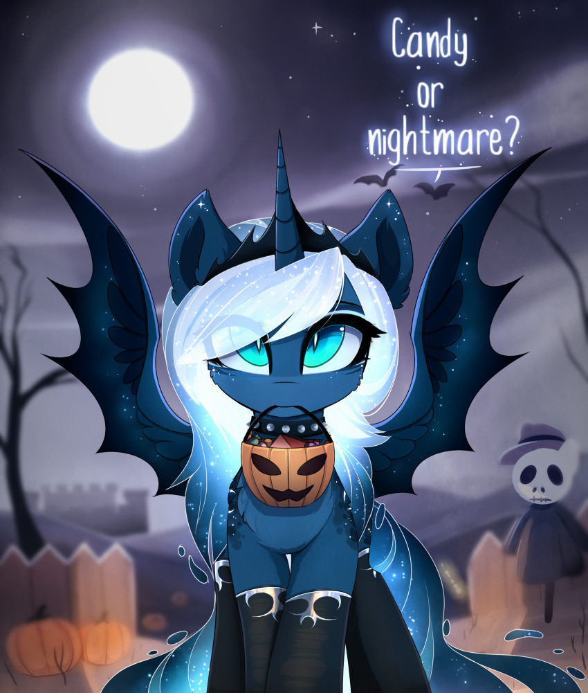 absurd_res bat_pony bat_wings blue_eyes choker clothing cloud crown dialogue ears_up equid equine female fence feral food footwear friendship_is_magic fruit full_moon goth halloween hasbro headgear hi_res holidays horn hybrid jack-o'-lantern jewelry light looking_at_viewer magnaluna mammal membrane_(anatomy) membranous_wings moon moonlight mouth_hold my_little_pony necklace night night_time no_cutiemark plant princess_luna_(mlp) pumpkin regalia scarecrow sky socks solo spiked_choker spread_wings star tree trick_or_treat winged_unicorn wings