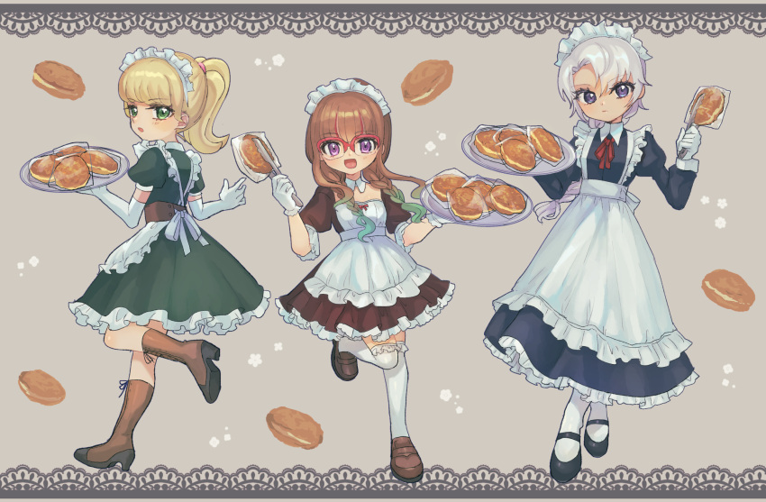 3girls apron blonde_hair boots brown_hair curry_bread glass gloves goha_yuuna green_eyes grey_hair highres holding holding_tray looking_at_viewer looking_back maid maid_apron maid_headdress multiple_girls mutsuba_asaka ohdo_yuamu open_mouth plastic_wrap ponytail purple_eyes red-framed_eyewear thighhighs tray white_thighhighs yu-gi-oh! yu-gi-oh!_go_rush!! yuzutaroman