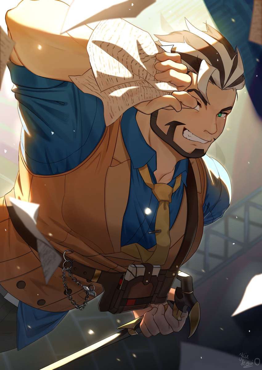 absurdres bara belt blue_shirt cane facial_hair flying_paper green_eyes highres holding holding_cane kiekoio oscar_(housamo) paper shirt smile stage stage_lights tokyo_afterschool_summoners yellow_tit