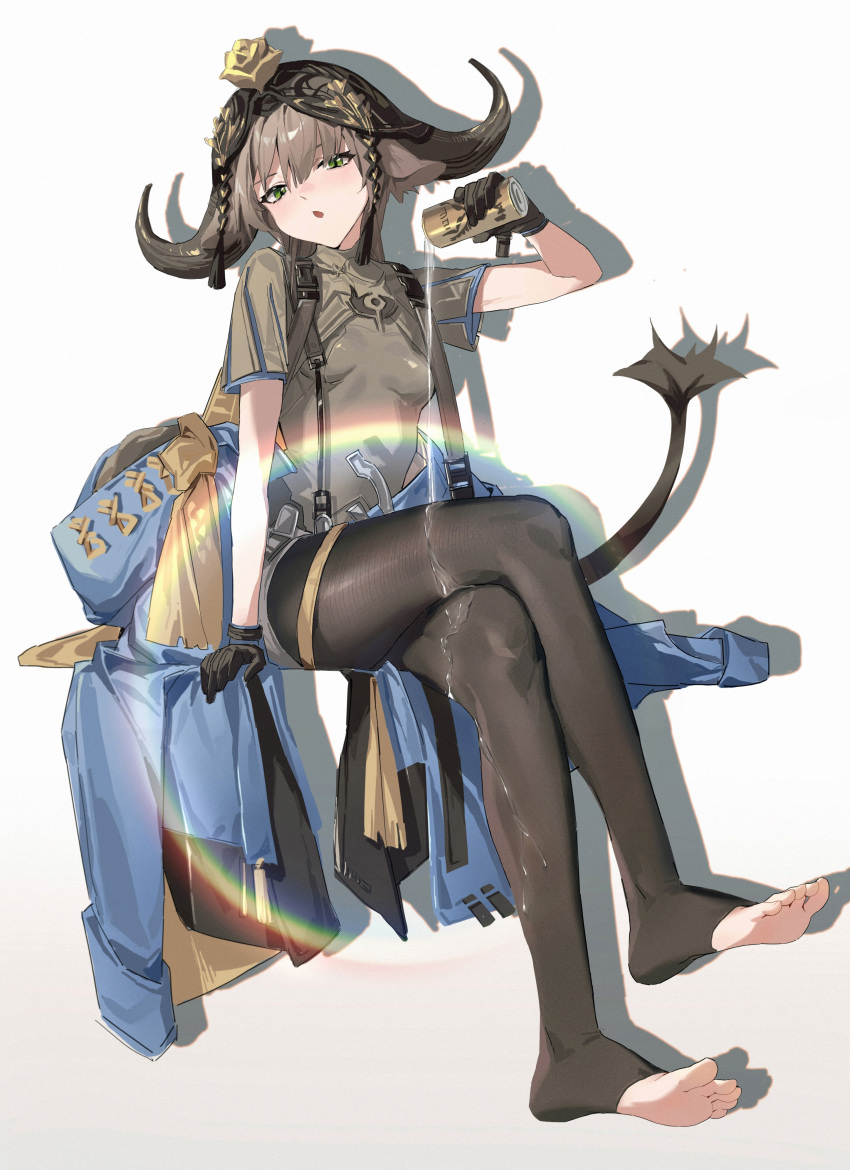 1girl absurdres animal_ears arknights black_gloves black_pantyhose blush breasts can cow_ears cow_horns cow_tail crossed_legs flower full_body gloves green_eyes highres holding holding_can horns long_hair open_mouth pallas_(a_drip_of_orea_and_potamous)_(arknights) pallas_(arknights) pantyhose pouring pouring_onto_self short_sleeves simple_background sitting small_breasts solo tail toeless_legwear white_background yellow_flower zhoi_star