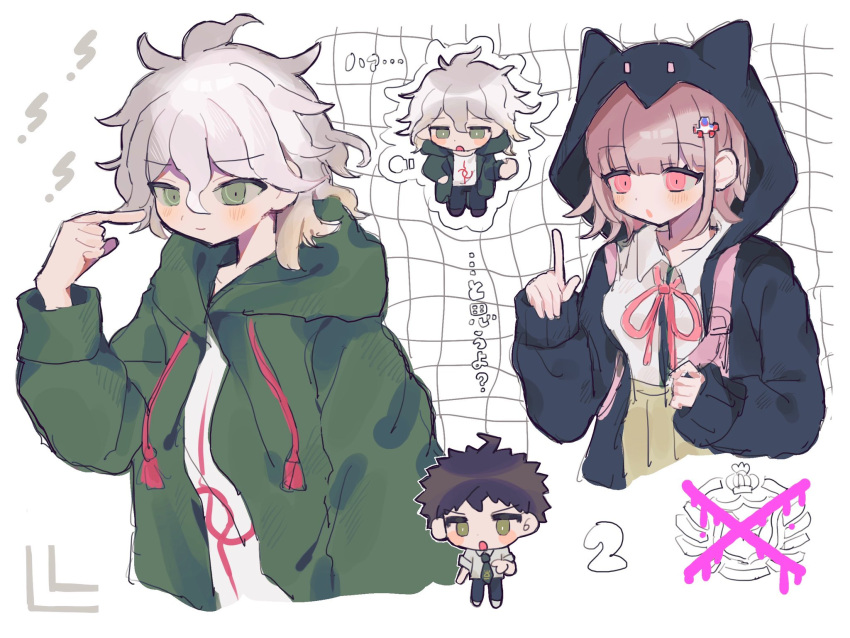 1girl 2boys ahoge black_jacket black_pants brown_hair chibi danganronpa_(series) danganronpa_2:_goodbye_despair green_eyes green_jacket grey_hair hand_up highres hinata_hajime index_finger_raised jacket komaeda_nagito long_sleeves medium_hair multiple_boys nanami_chiaki neck_ribbon open_clothes open_jacket pants pink_hair pink_ribbon pointing pointing_at_self print_shirt ribbon shirt short_hair spaceship_hair_ornament u_u_(16557) white_background white_shirt