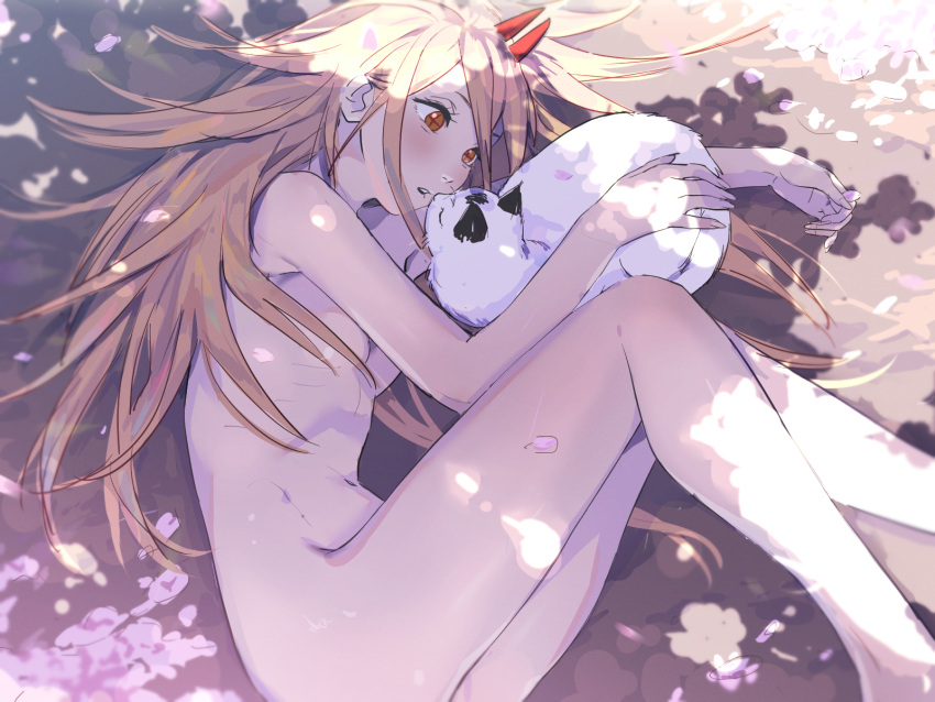 1girl blonde_hair breasts cat chainsaw_man commentary_request completely_nude cross-shaped_pupils highres horns ikanyoikanikan long_hair lying meowy_(chainsaw_man) messy_hair nude on_side orange_eyes petals power_(chainsaw_man) red_horns small_breasts symbol-shaped_pupils tree_shade