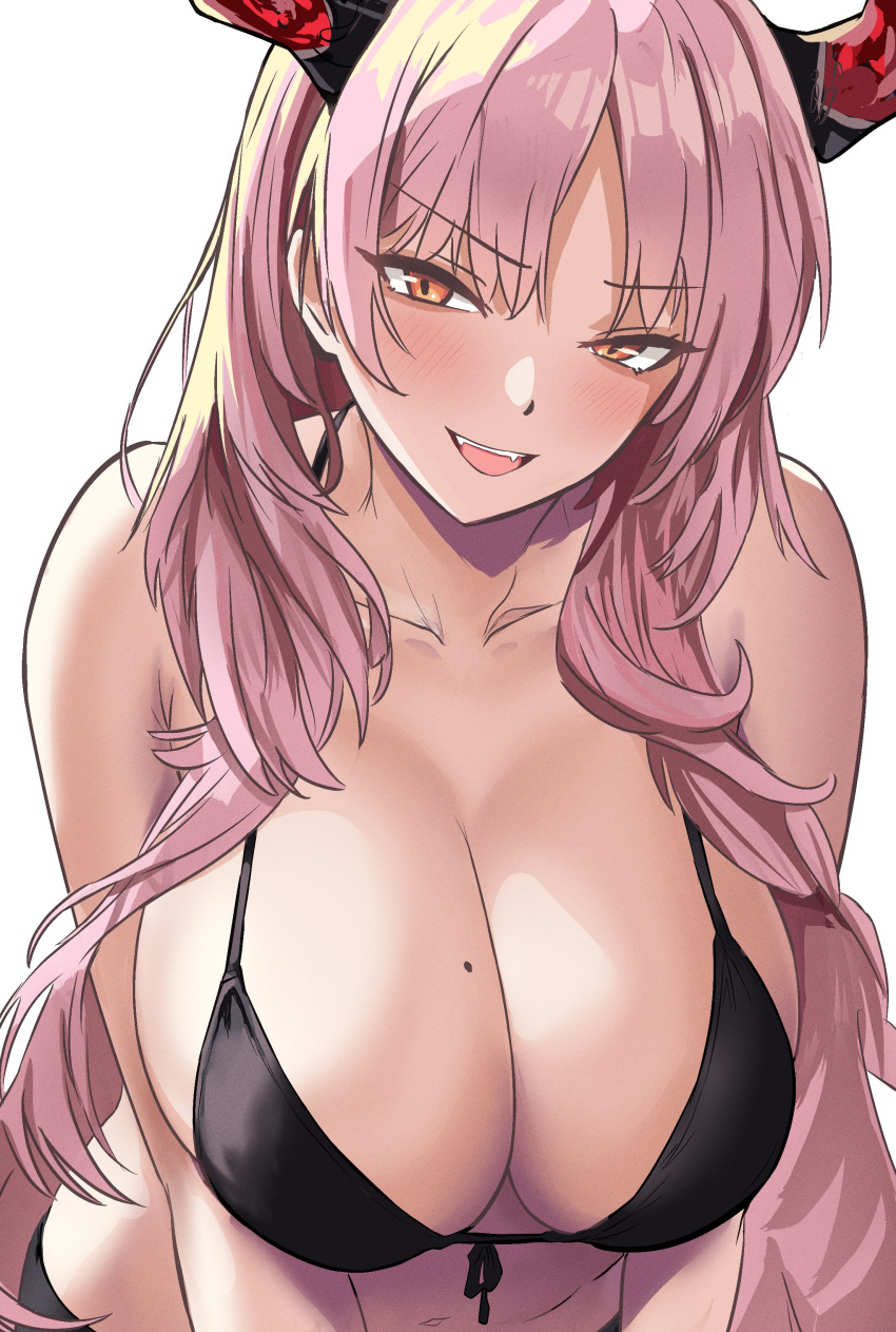 1girl absurdres armpit_crease bare_shoulders bikini black_bikini black_horns blue_archive blush breasts cleavage collarbone commentary fangs front-tie_bikini_top front-tie_top highres horns huge_breasts leaning_forward long_hair looking_at_viewer mole mole_on_breast navel open_mouth orange_eyes ossou_rocket parted_bangs pink_hair red_horns satsuki_(blue_archive) simple_background smile solo stomach swimsuit teeth two-tone_horns upper_teeth_only white_background