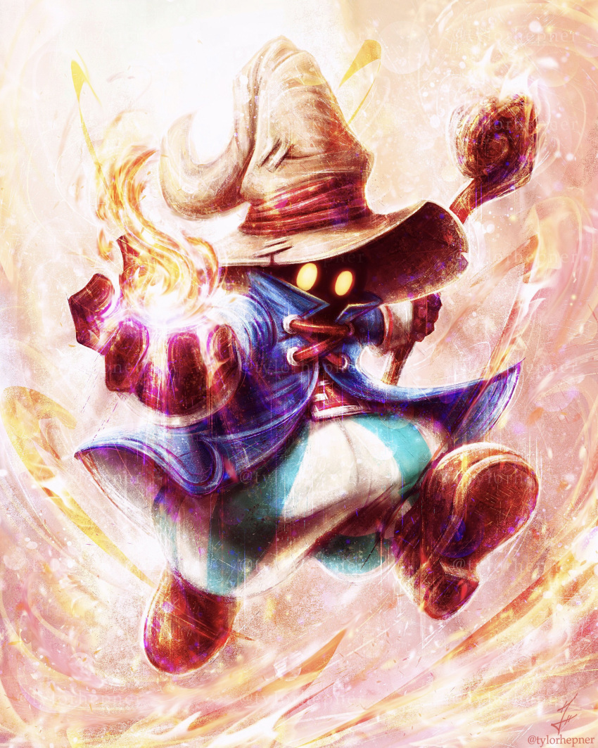 1boy absurdres baggy_pants belt_buckle black_mage blue_coat boots brown_footwear brown_gloves buckle coat commentary english_commentary final_fantasy final_fantasy_ix fire full_body gloves hat hat_belt high_collar highres holding holding_staff light_particles looking_at_viewer magic male_focus outstretched_arms pants signature solo staff striped striped_pants tylor_hepner vivi_ornitier wizard_hat yellow_eyes yellow_headwear