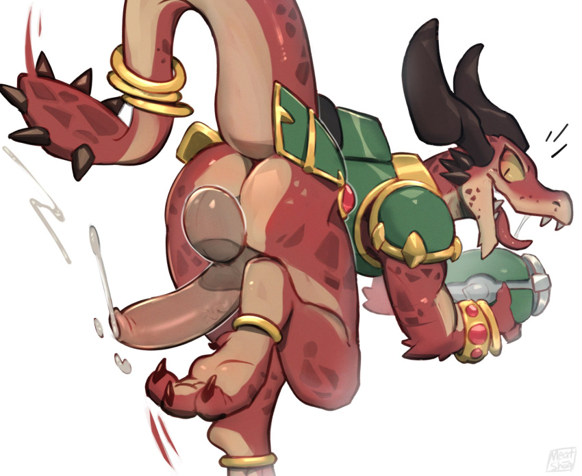 anthro balls big_butt bodily_fluids bubble butt claws clothing cum digital_media_(artwork) dragon drogoz erection feet genital_fluids genitals hi_res horn humanoid_genitalia jewelry leaking leaking_cum looking_at_viewer male nude open_mouth paladins penis precum presenting presenting_hindquarters rear_view running scalie shaq_(meatshaq) simple_background solo tail teeth toe_claws toes tongue tongue_out