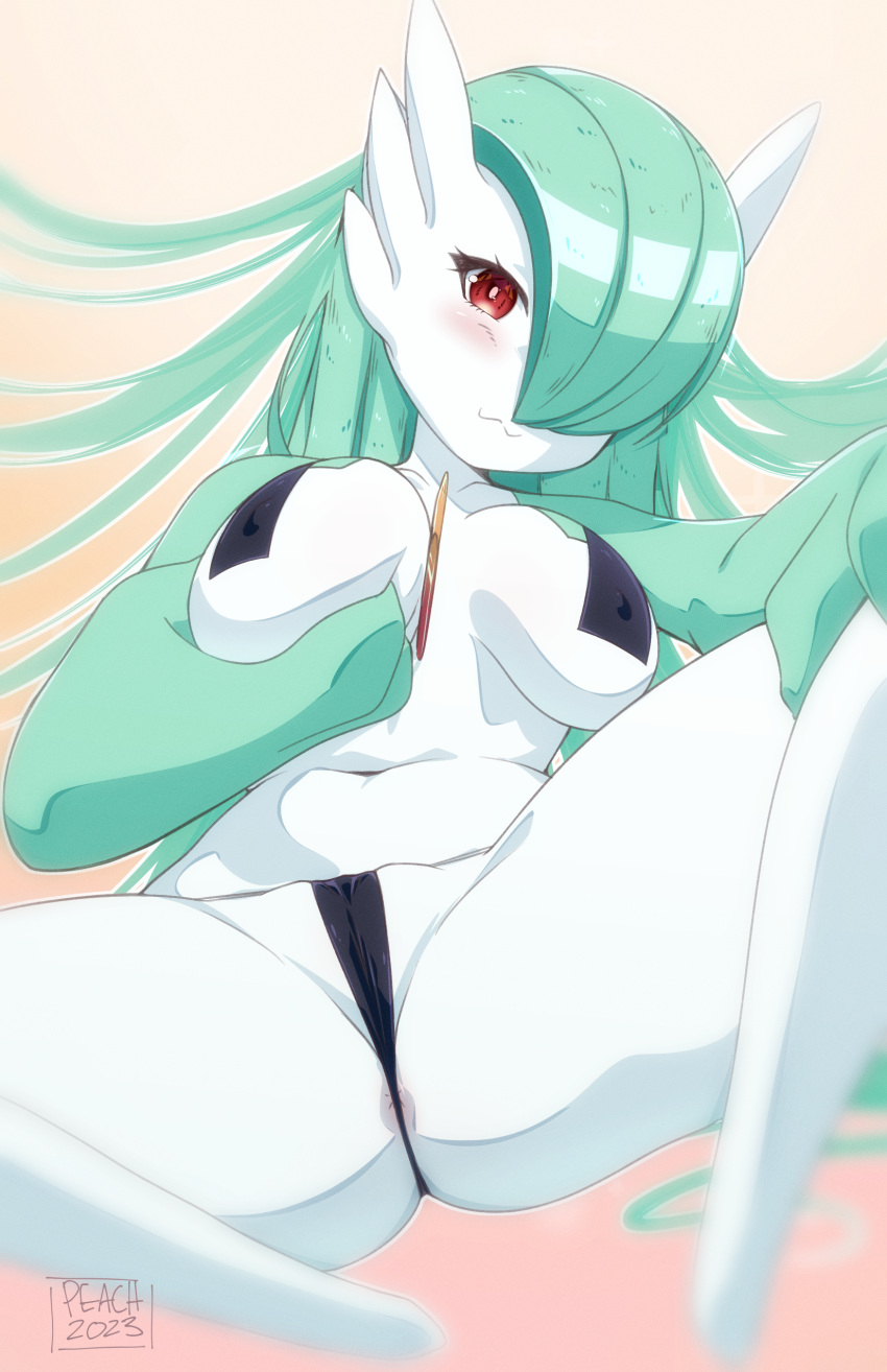 1girl :3 absurdres alternate_hair_length alternate_hairstyle anus anus_peek artist_name black_panties blurry blush breasts cameltoe closed_mouth collarbone colored_skin commentary covered_nipples dated depth_of_field english_commentary gardevoir grabbing_own_breast gradient_background green_hair green_skin hair_over_one_eye hand_on_own_knee happy highres knee_up leaning_back long_hair looking_at_viewer medium_breasts mixed-language_commentary multicolored_skin navel one_eye_covered orange_background outline panties partially_visible_vulva pasties peach-cup pokemon pokemon_(creature) red_eyes signature simple_background sitting smile solo split_mouth spread_legs stomach string_panties thick_thighs thighs topless two-tone_skin underwear very_long_hair white_outline