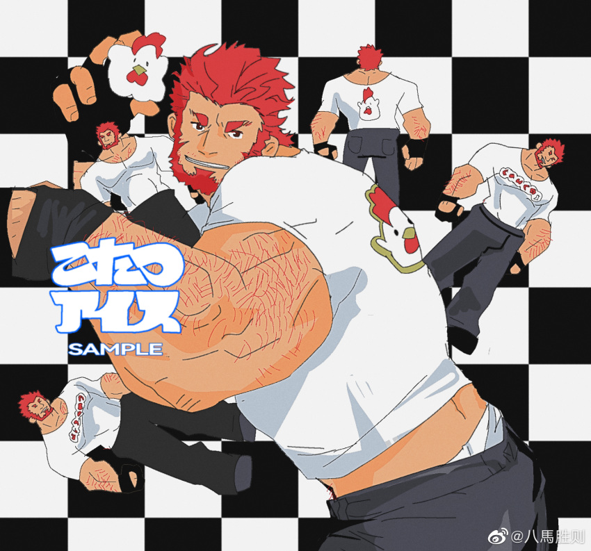 1boy alternate_body_hair arm_hair bamashengze bara beard chicken_print clothes_lift clothes_writing facial_hair fate/zero fate_(series) feet_out_of_frame from_side grin highres iskandar_(fate) large_pectorals leaning_forward looking_at_viewer looking_to_the_side male_focus male_underwear male_underwear_peek mature_male muscular muscular_male pectorals red_eyes red_hair sample_watermark shirt shirt_lift short_hair smile t-shirt thick_eyebrows translation_request underwear village white_male_underwear