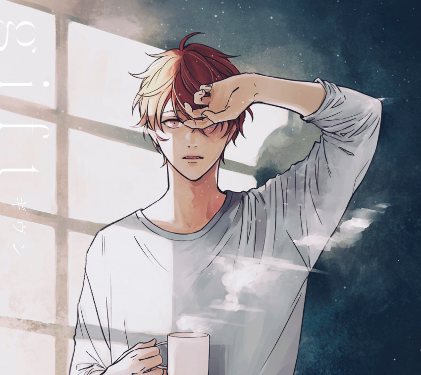 1boy album_cover bishounen cover cup english_text given hand_on_own_head highres kizu_natsuki long_sleeves male_focus mug official_art open_mouth red_eyes red_hair satou_mafuyu second-party_source solo steam sunlight sweater white_sweater window_shade