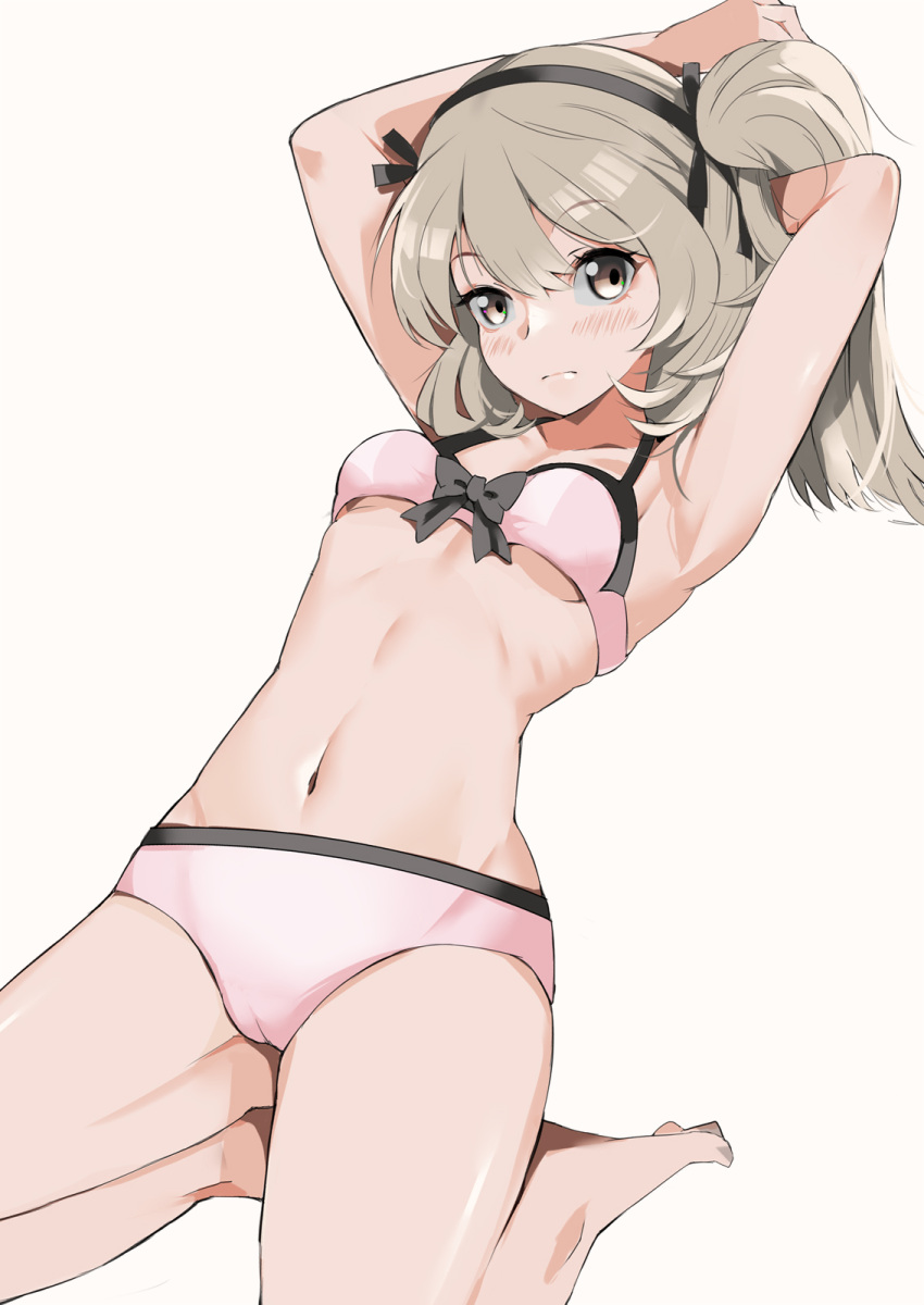 1girl armpits arms_behind_head arms_up barefoot bikini black_ribbon blaze_(blazeillust) blush bow bow_bikini breasts brown_eyes cameltoe closed_mouth frown girls_und_panzer hair_ribbon highres leaning_back light_brown_hair long_hair lying navel on_back one_side_up pink_bikini ribbon shimada_arisu simple_background small_breasts solo swimsuit white_background