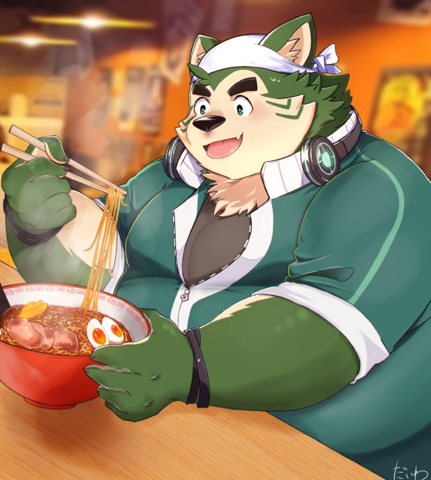 anthro bandanna belly bowl canid canine canis container daiwahouse0105 domestic_dog eating eyebrows food fur green_body green_fur headphones headphones_around_neck hi_res kerchief male mammal mokdai noodles overweight ramen solo thick_eyebrows