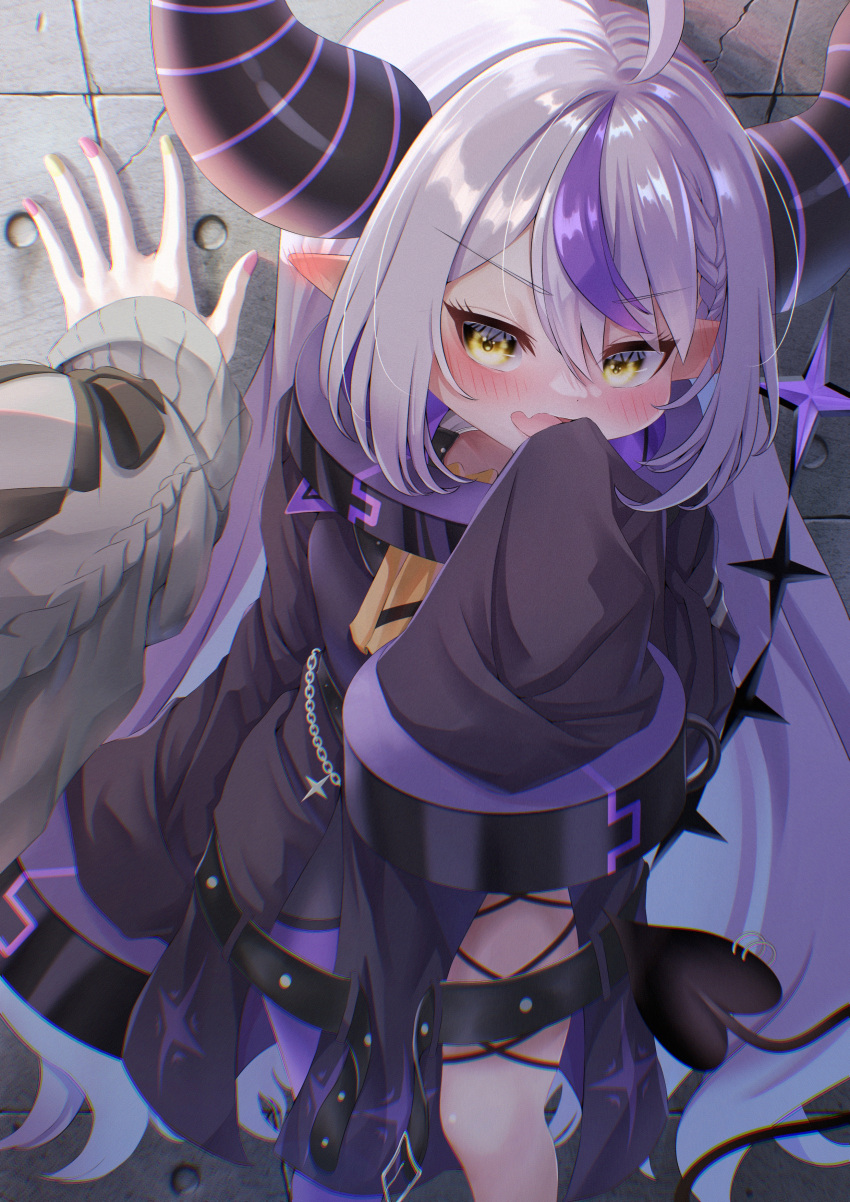 2girls absurdres ahoge ascot black_horns blush braid braided_bangs collar demon_tail ear_blush embarrassed fang grey_hair hachi_kyu_shiki highres hololive horns la+_darknesss la+_darknesss_(1st_costume) long_hair looking_at_viewer metal_collar multicolored_hair multicolored_nails multiple_girls out_of_frame pantyhose piercing pointy_ears purple_hair purple_pantyhose single_leg_pantyhose skin_fang sleeves_past_fingers sleeves_past_wrists streaked_hair striped_horns sweater tail tail_ornament tail_piercing tokoyami_towa tokoyami_towa_(jirai_kei) virtual_youtuber yellow_ascot