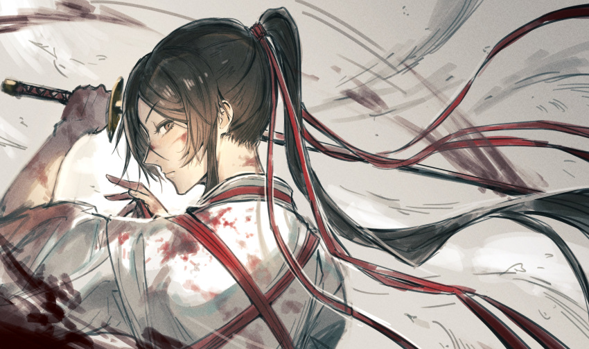 1girl absurdres black_hair blood blood_on_arm blood_on_clothes blood_on_hands high_ponytail highres holding holding_sword holding_weapon jigokuraku katana long_hair looking_at_viewer nekoemonn red_ribbon ribbon robe sideways_glance solo sword very_long_hair weapon white_robe yamada_asaemon_sagiri