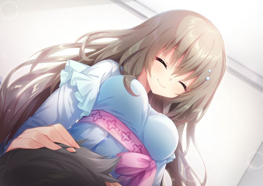 1boy 1girl 9-nine- amatsuji blue_dress blush breasts closed_mouth commission dating diamond_hair_ornament double-parted_bangs dress eyelashes facing_viewer fingernails hair_between_eyes hair_ornament hair_over_breasts hand_on_another's_head happy headpat highres kujou_miyako lap_pillow large_breasts light_brown_hair long_hair pink_ribbon ribbon sidelocks simple_background sitting skeb_commission smile solo sparks third-party_source very_long_hair wavy_hair
