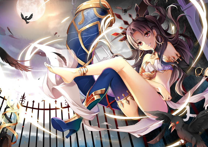 1girl absurdres anklet bare_shoulders barefoot bird black_feathers black_panties blue_footwear boots breasts brown_hair choker cleavage commentary_request crossed_legs detached_sleeves fate/grand_order fate_(series) feathers feet full_moon gyaza head_tilt high_heel_boots high_heels highres ishtar_(fate) jewelry legs looking_at_viewer midriff moon night outdoors panties parted_lips red_eyes small_breasts smile solo thigh_boots thighhighs toes underwear