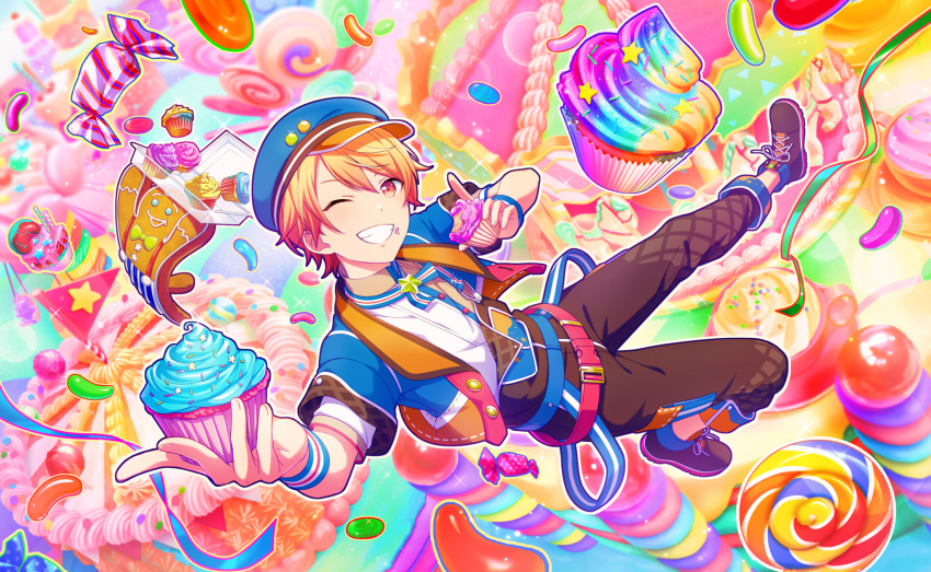 1boy alternate_costume bad_source blonde_hair blue_headwear cake candy cupcake fingernails food full_body gingerbread_man hat highres holding holding_food lollipop male_focus official_art one_eye_closed project_sekai shoelaces shoes short_sleeves smile solo star_(symbol) teeth tenma_tsukasa third-party_source wristband