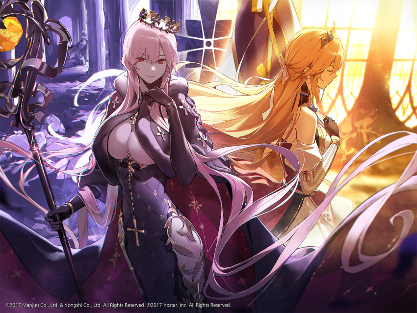 2girls absurdly_long_hair azur_lane bare_shoulders black_cape black_dress black_gloves breasts cape clemenceau_(azur_lane) closed_eyes column_lineup crown dress elbow_gloves flag from_side gloves gold_trim hip_vent holding holding_staff juliet_sleeves large_breasts long_hair long_sleeves looking_at_viewer multiple_girls orange_hair puffy_sleeves red_cape red_eyes richelieu_(azur_lane) second-party_source staff striped striped_sleeves two-tone_cape underboob vertical-striped_sleeves vertical_stripes very_long_hair yohaku