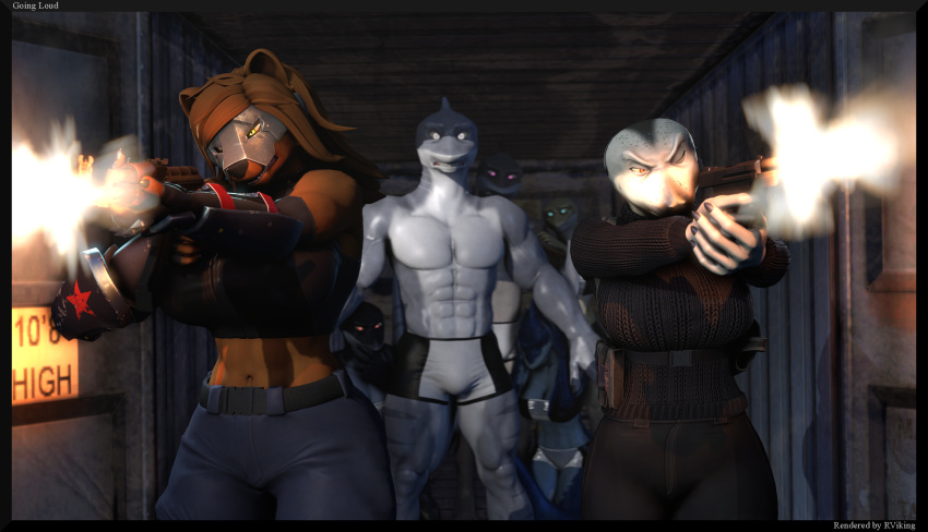 2023 3d_(artwork) 5_fingers abs anthro athletic athletic_anthro bear big_breasts black_nose breasts brown_body brown_fur brown_hair cleavage clothed clothing dasha_(petruz) digital_media_(artwork) female fingers fish fur great_white_shark grey_body grey_skin group gun hair halter handgun hi_res lamnid lamniform leopard_seal male mammal marine mask multicolored_body multicolored_skin nyx_(petruz) pecs petruz_(copyright) pinniped pistol protecting ranged_weapon reindeerviking rifle seal shark shark_(petruz) shipping_container shooting source_filmmaker teeth two_tone_body two_tone_skin underwear weapon white_body white_skin