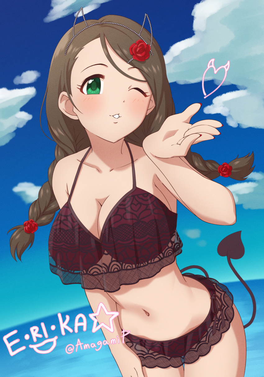 1girl akanishi_erika amagamip bare_shoulders bikini blowing_kiss blue_sky blush braid breasts brown_bikini brown_hair character_name character_signature cleavage cloud collarbone cowboy_shot day demon_horns demon_tail dot_nose fake_horns fake_tail fisheye flower green_eyes hair_flower hair_ornament hairband hand_on_own_leg heart highres horizon horned_headwear horns idolmaster idolmaster_cinderella_girls idolmaster_cinderella_girls_starlight_stage lace-trimmed_bikini lace_trim large_breasts long_hair looking_at_viewer low_twintails navel ocean one_eye_closed open_hand outdoors parted_lips red_flower red_rose rose sky smile solo standing star_(symbol) swimsuit tail twin_braids twintails twitter_username