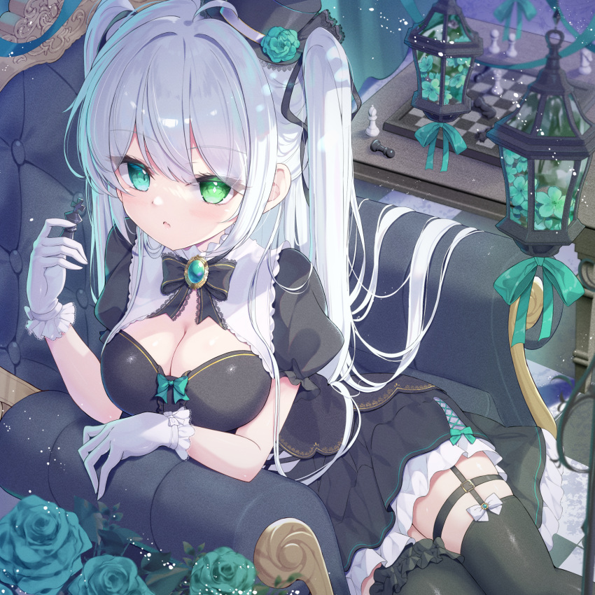 1girl black_bow black_bowtie black_headwear black_ribbon black_shirt black_skirt black_thighhighs blouse blue_eyes blush board_game bow bowtie breasts chair chess chess_piece chessboard cleavage cleavage_cutout clothing_cutout cowboy_shot easy_chair flower garter_straps gem gloves gothic_lolita green_eyes green_flower green_rose grey_hair hair_ribbon hat hat_flower heterochromia highres holding_chess_piece indoors lace-trimmed_gloves lace_trim lantern light_particles lolita_fashion long_hair looking_at_viewer medium_breasts mikaze_oto on_chair original parted_lips ribbon rose shadow shirt short_sleeves sitting skirt thigh_strap thighhighs twintails very_long_hair white_gloves zettai_ryouiki