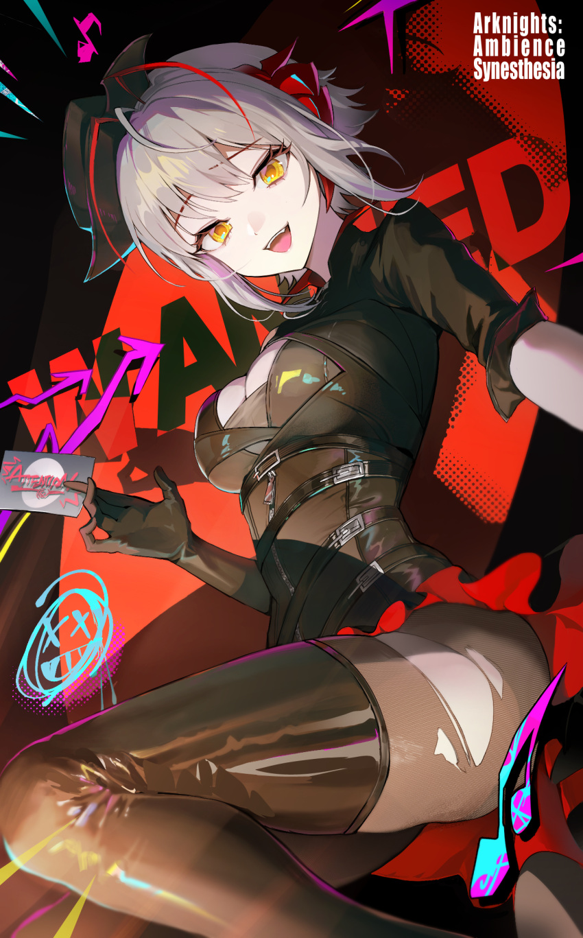 1girl ambience_synesthesia arknights black_pantyhose copyright_name demon_girl demon_horns grey_hair highres horns long_sleeves looking_at_viewer official_alternate_costume open_mouth pamipamu pantyhose short_hair smile solo torn_clothes torn_pantyhose w_(arknights)