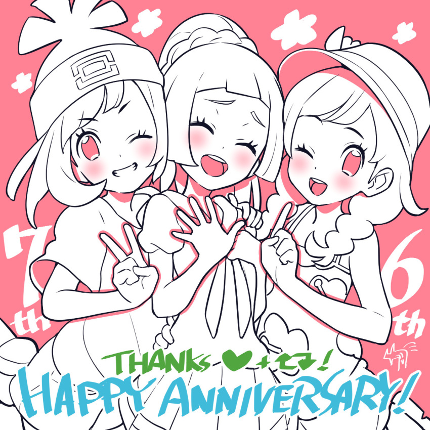 3girls :d ;d anniversary beanie blush braid closed_eyes eyelashes floral_print flower_(symbol) grin happy_anniversary hat heart highres index_finger_raised kinocopro lillie_(pokemon) multiple_girls one_eye_closed open_mouth pink_background pink_eyes pleated_skirt pokemon pokemon_(game) pokemon_sm pokemon_usum ponytail selene_(pokemon) shirt short_sleeves shorts skirt smile t-shirt tassel teeth thank_you tongue twin_braids upper_teeth_only v