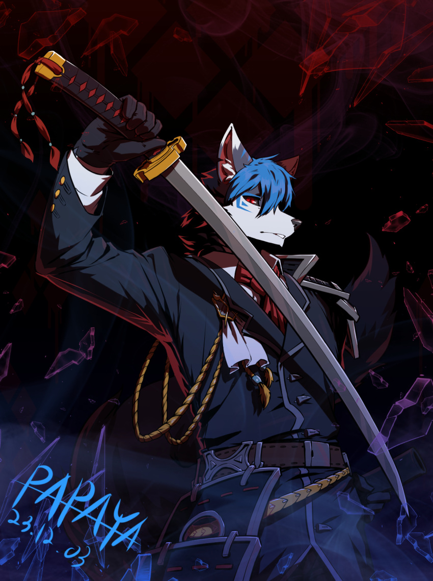 2023 anthro black_sclera blue_hair canid clothed clothing dated dipstick_ears fur glass_shards gloves grey_body grey_fur hair handwear hi_res holding_object holding_sword holding_weapon inner_ear_fluff looking_at_viewer male mammal melee_weapon multicolored_ears papayafurry red_eyes short_hair signature simple_background smoke solo striped_ears sword tuft weapon white_body white_fur white_inner_ear_fluff