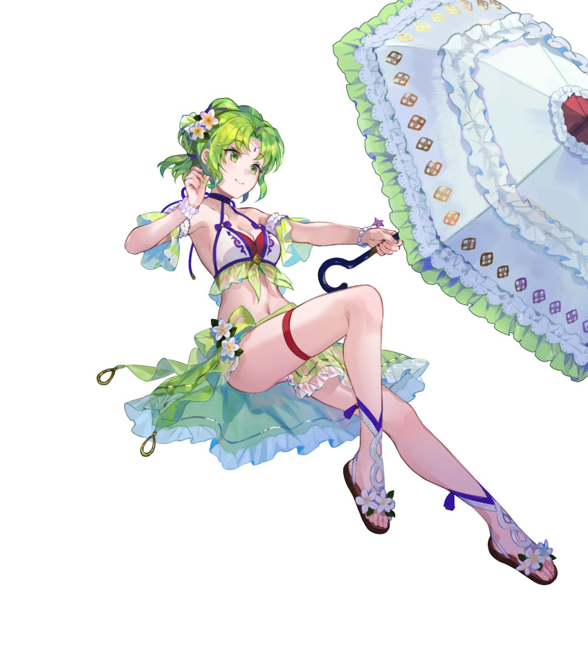 1girl bare_shoulders bikini bracelet breasts cleavage feet fire_emblem fire_emblem:_the_sacred_stones fire_emblem_heroes flower frills full_body fuzichoco gradient_clothes green_eyes grey_hair hair_ornament highres holding holding_umbrella jewelry l'arachel_(fire_emblem) legs long_hair medium_breasts navel non-web_source official_art sandals scrunchie see-through solo stomach swimsuit thigh_strap thighs toeless_footwear toenails toes transparent_background umbrella wrist_scrunchie