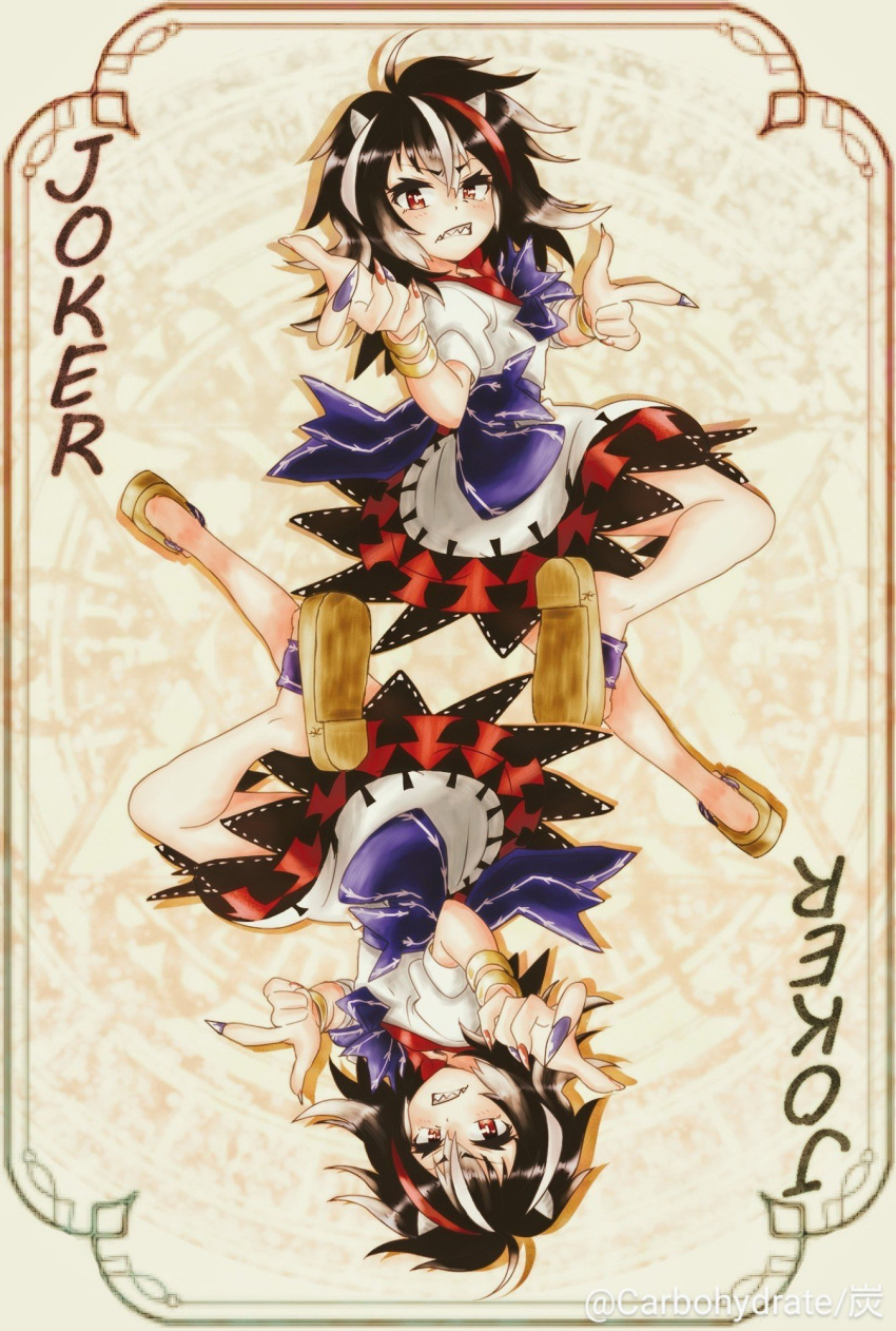 1girl arrow_print black_hair carbohydrate_(asta4282) card dress fingernails highres joker_(playing_card) kijin_seija long_fingernails looking_at_viewer multicolored_hair playing_card purple_nails red_eyes red_hair short_sleeves solo streaked_hair touhou white_dress white_hair