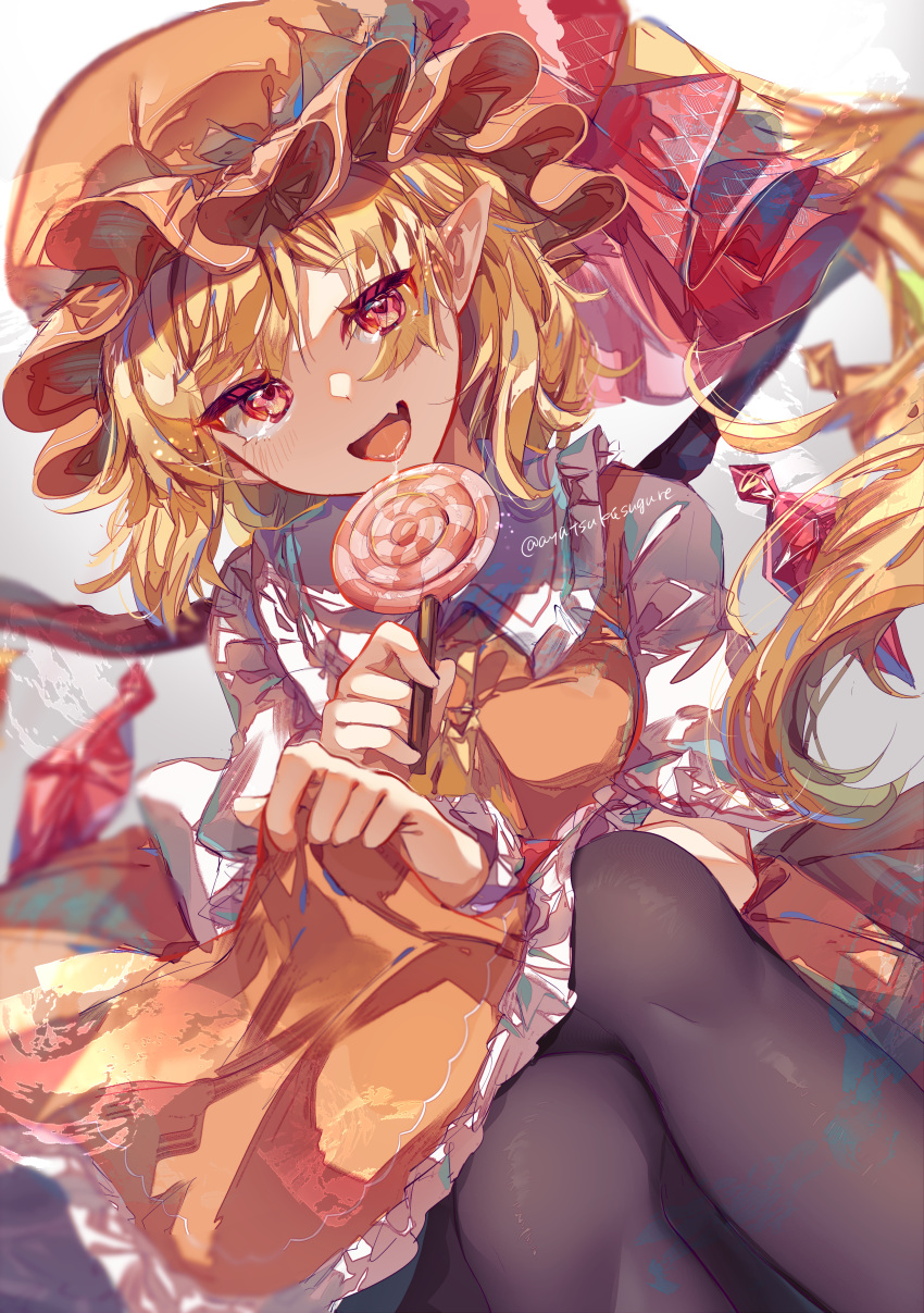 1girl :d absurdres adapted_costume ascot ayatsuki_sugure black_pantyhose blonde_hair blurry bow candy commentary_request crystal depth_of_field eyes_visible_through_hair fang feet_out_of_frame flandre_scarlet food gradient_background grey_background hair_between_eyes hair_bow hat highres light_blush lollipop looking_at_viewer medium_hair mob_cap one_side_up orange_headwear orange_skirt orange_vest pantyhose petticoat red_bow simple_background skin_fang skirt smile solo touhou vest wings yellow_ascot
